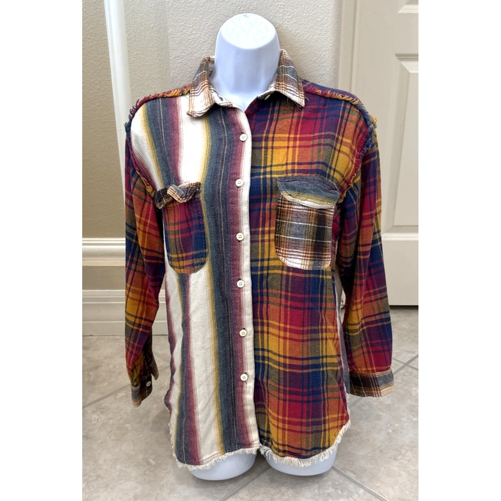 VTG Bonjour Plaid Flannel Button Down Grunge Shirt Size S Country Western Rodeo